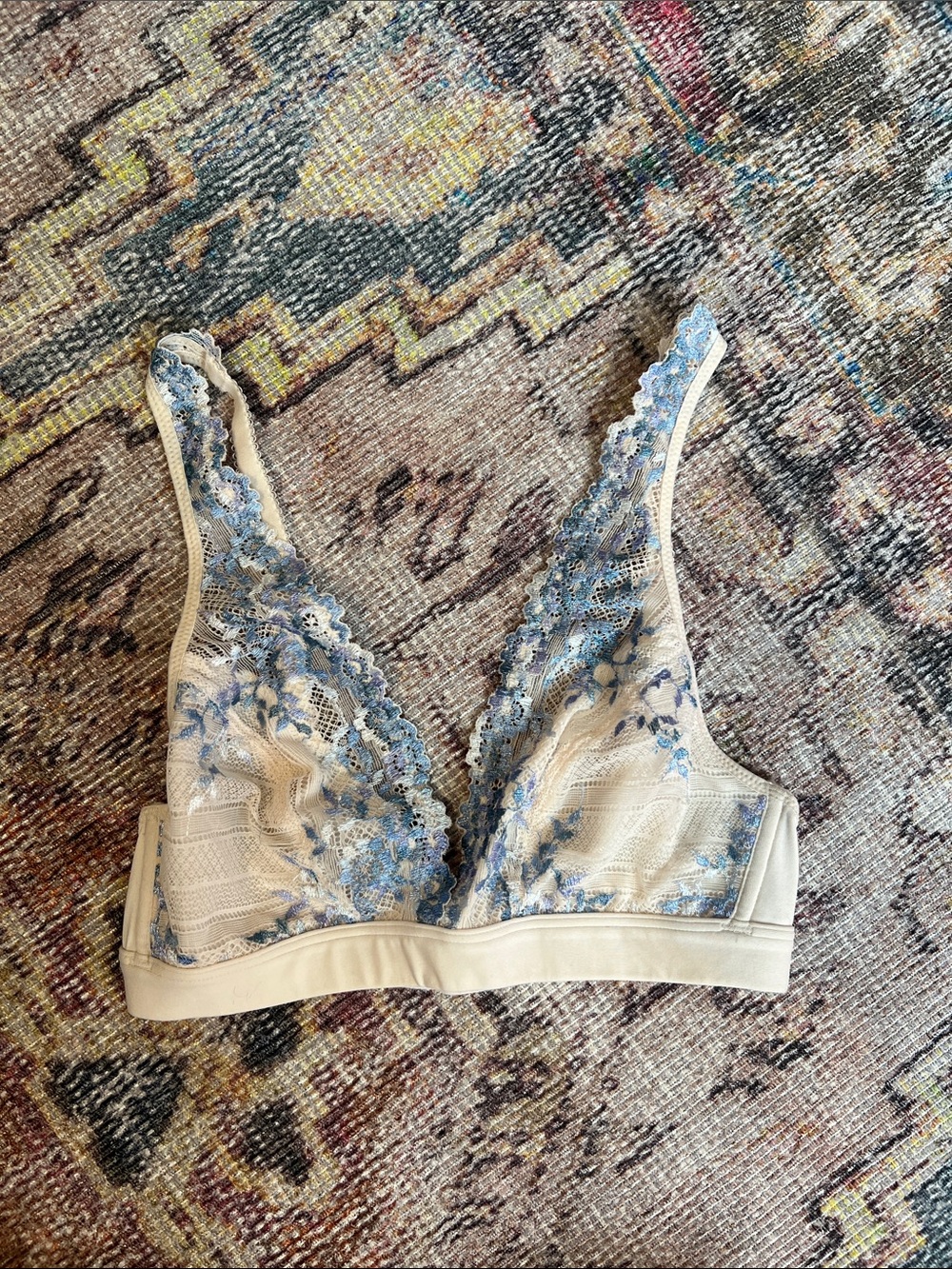 Cream and Light Blue Lace Plunge Bralette
